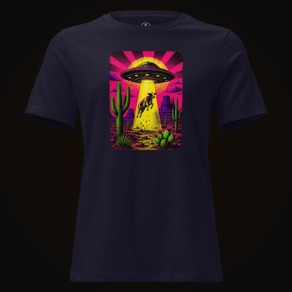 Navy tee with the Neon Cow Abduction graphic