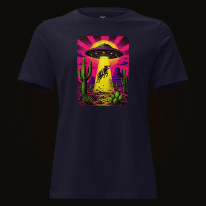 Navy tee with the Neon Cow Abduction graphic