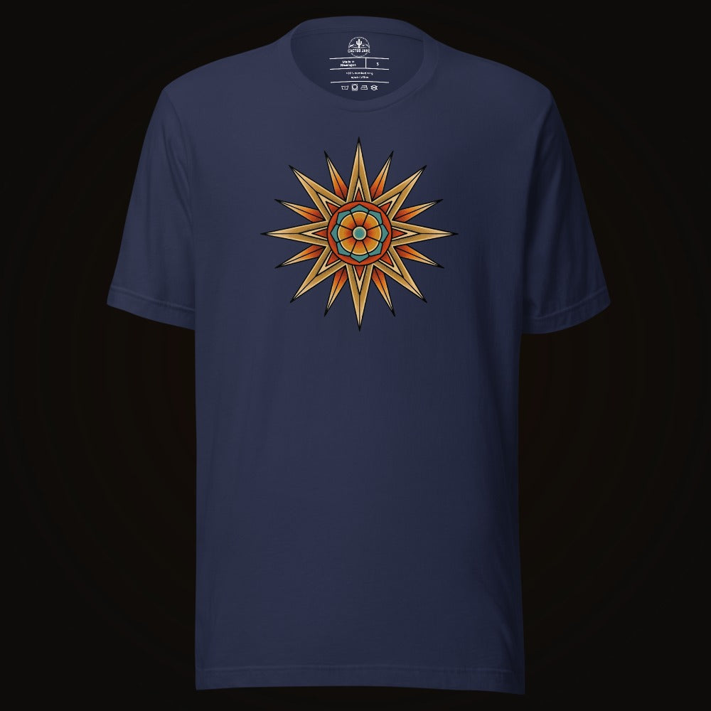 Navy tee with the Compass Star Mandala graphic