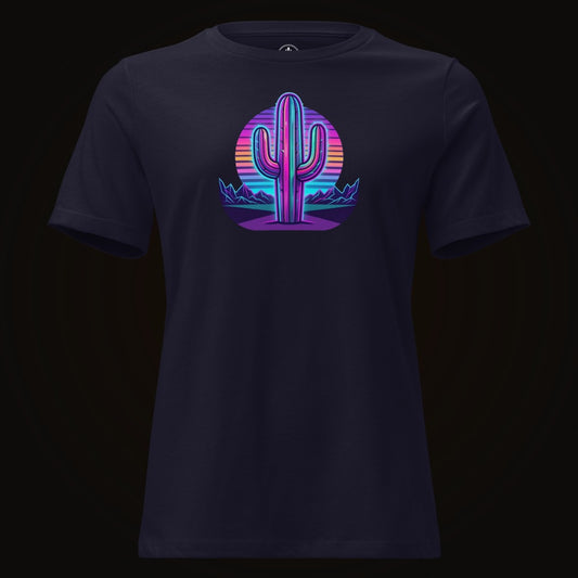 Navy tee with the Neon Saguaro Synthwave graphic