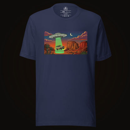 Navy tee with the Desert Abduction Cruiser graphic