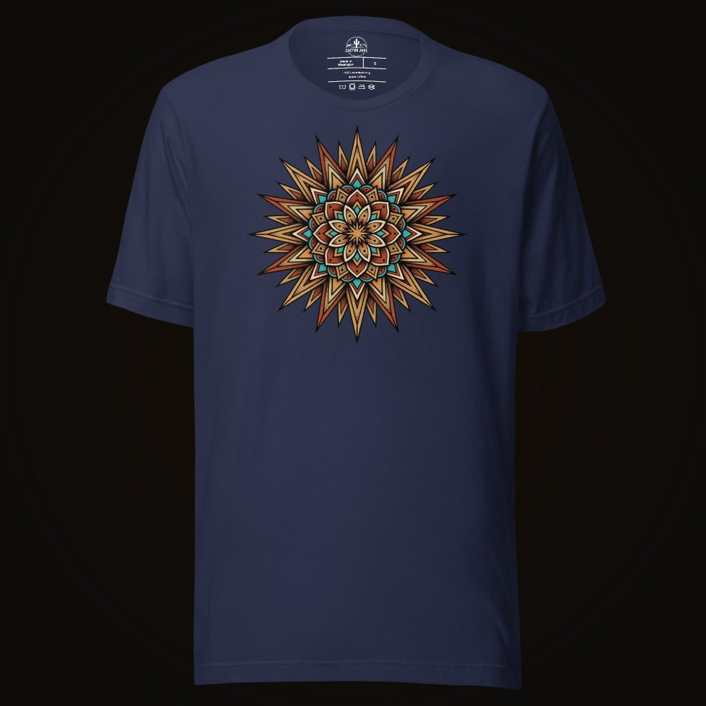 Navy tee with the Turquoise Burst Mandala graphic