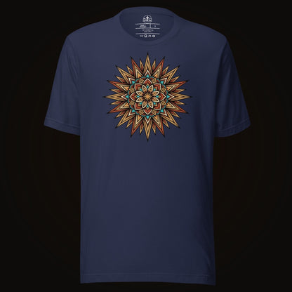 Navy tee with the Turquoise Burst Mandala graphic