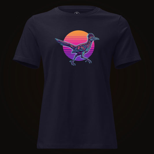 Navy tee with the Synthwave Roadrunner Sunset graphic