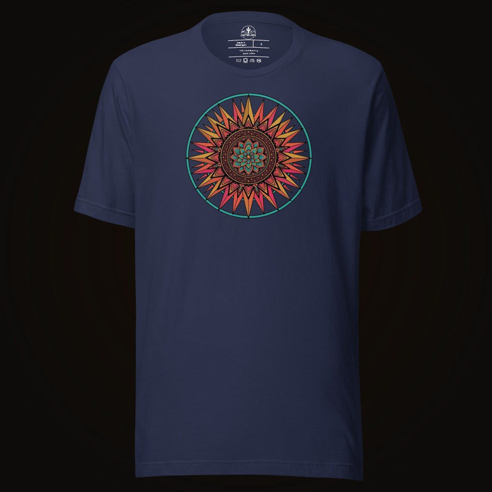 Navy tee with the Sunset Mandala graphic