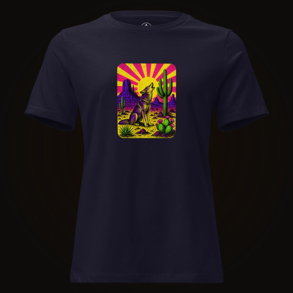 Navy tee with the Neon Sunburst Howling Coyote graphic