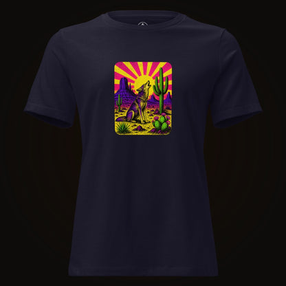 Navy tee with the Neon Sunburst Howling Coyote graphic