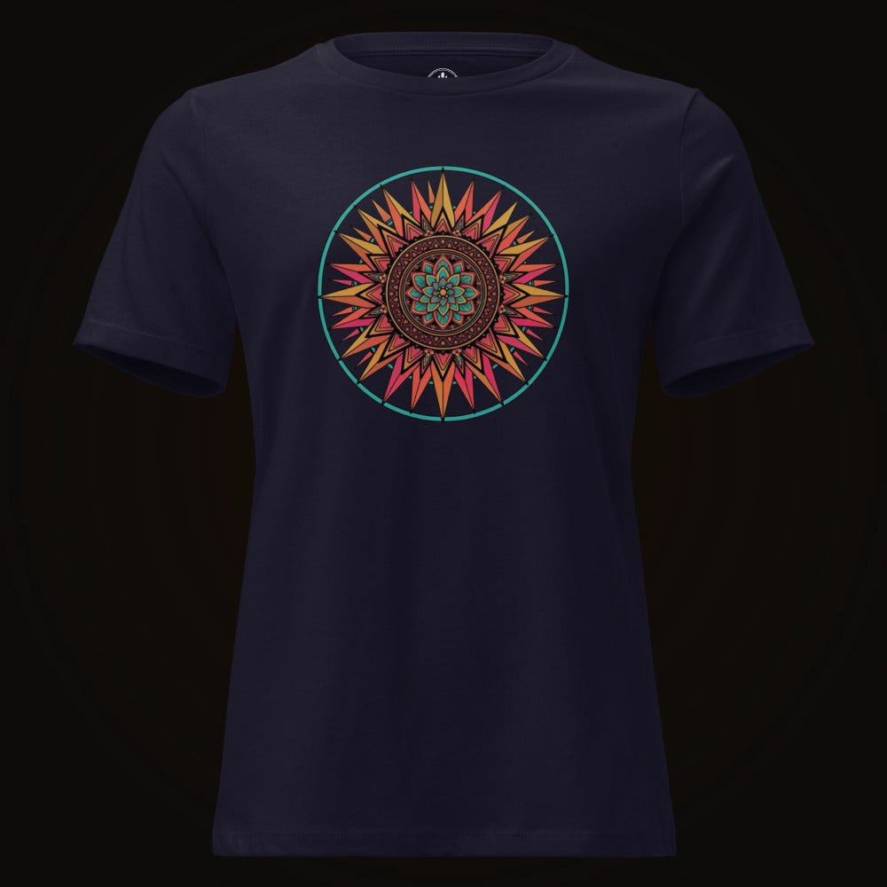 Navy tee with the Teal Ring Sunset Mandala graphic