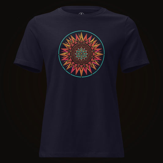 Navy tee with the Teal Ring Sunset Mandala graphic