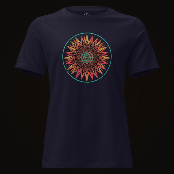 Navy tee with the Teal Ring Sunset Mandala graphic