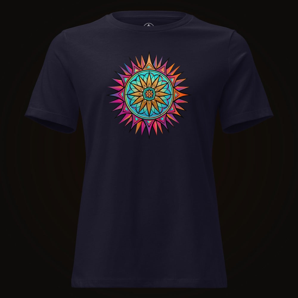 Navy tee with the Neon Gradient Mandala graphic