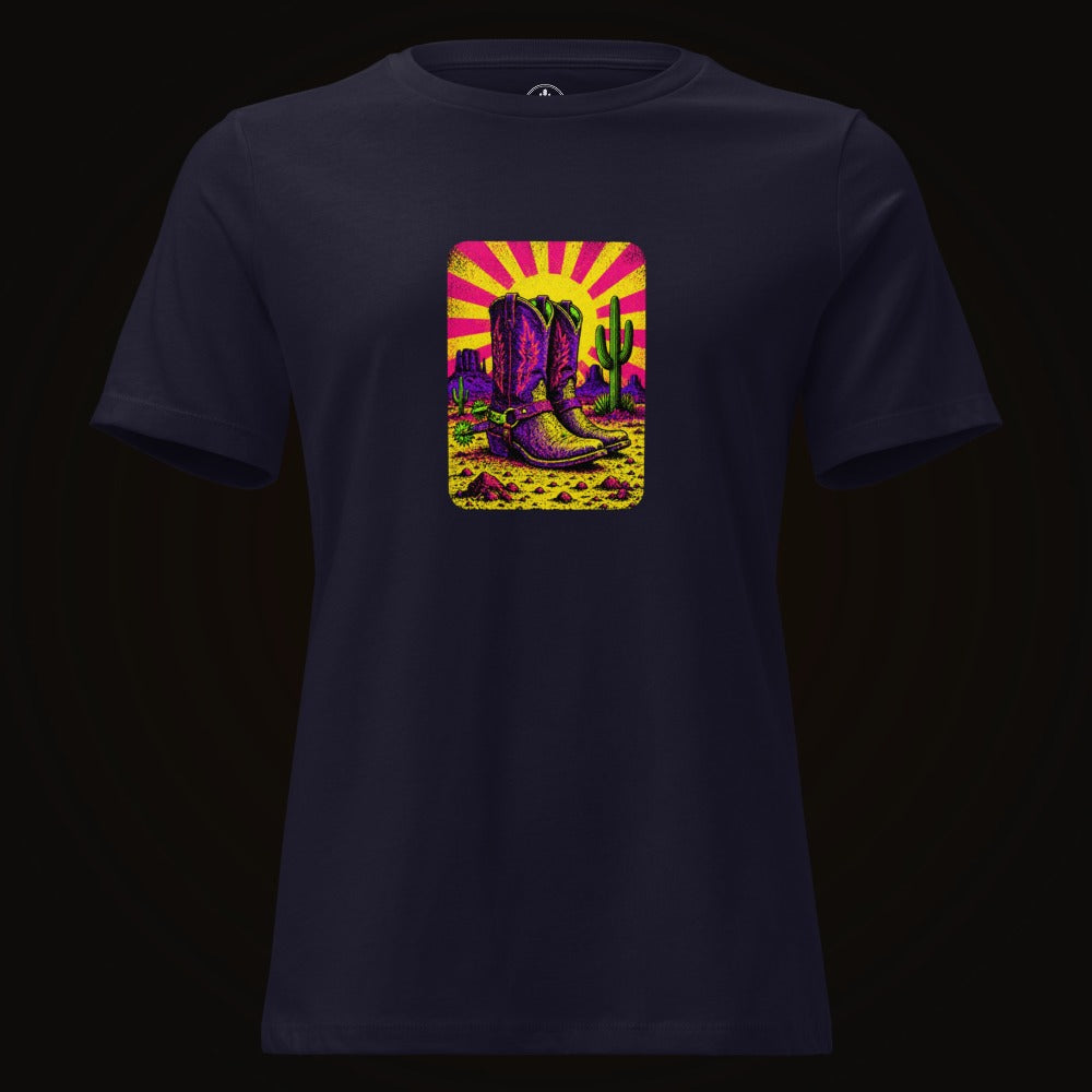 Navy tee with the Neon Sunburst Boots graphic