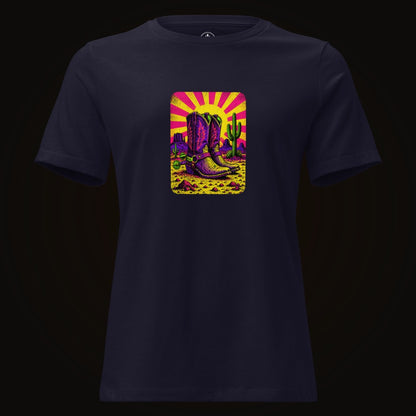 Navy tee with the Neon Sunburst Boots graphic