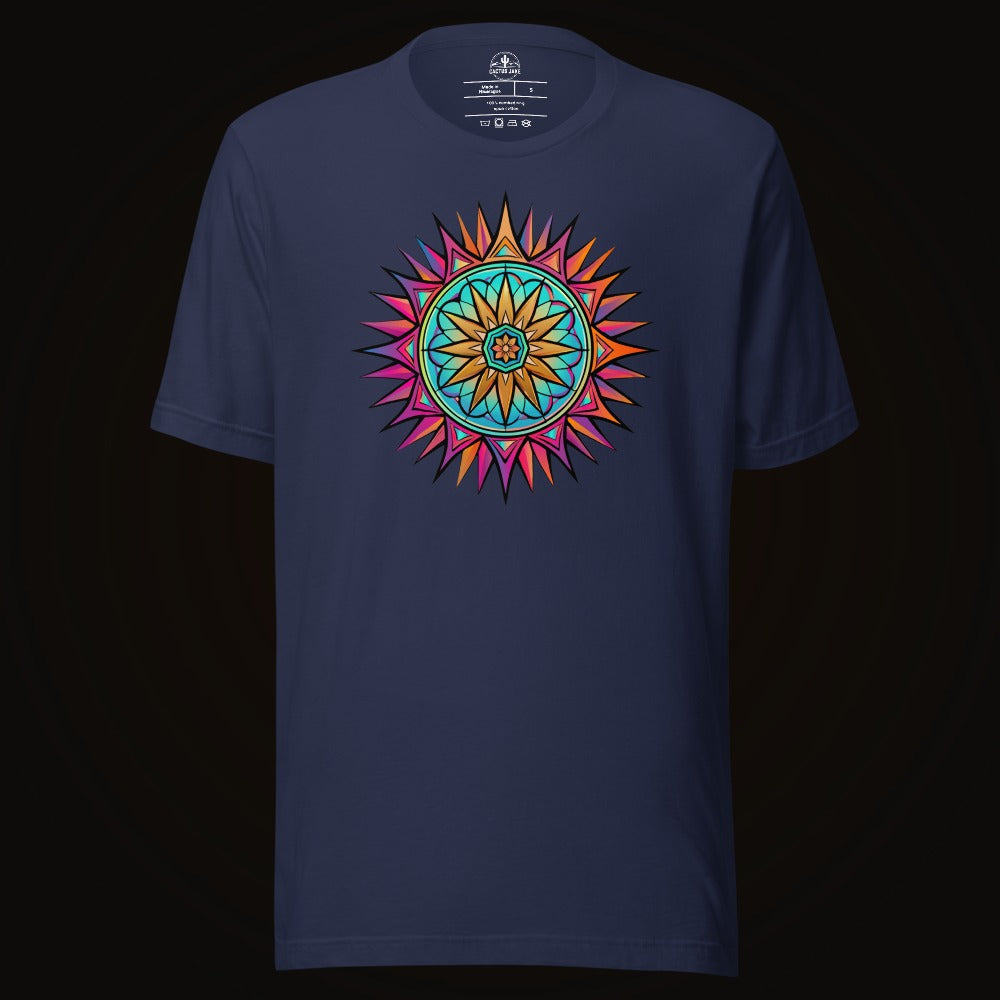 Navy tee with the Neon Gradient Mandala graphic