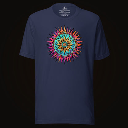 Navy tee with the Neon Gradient Mandala graphic