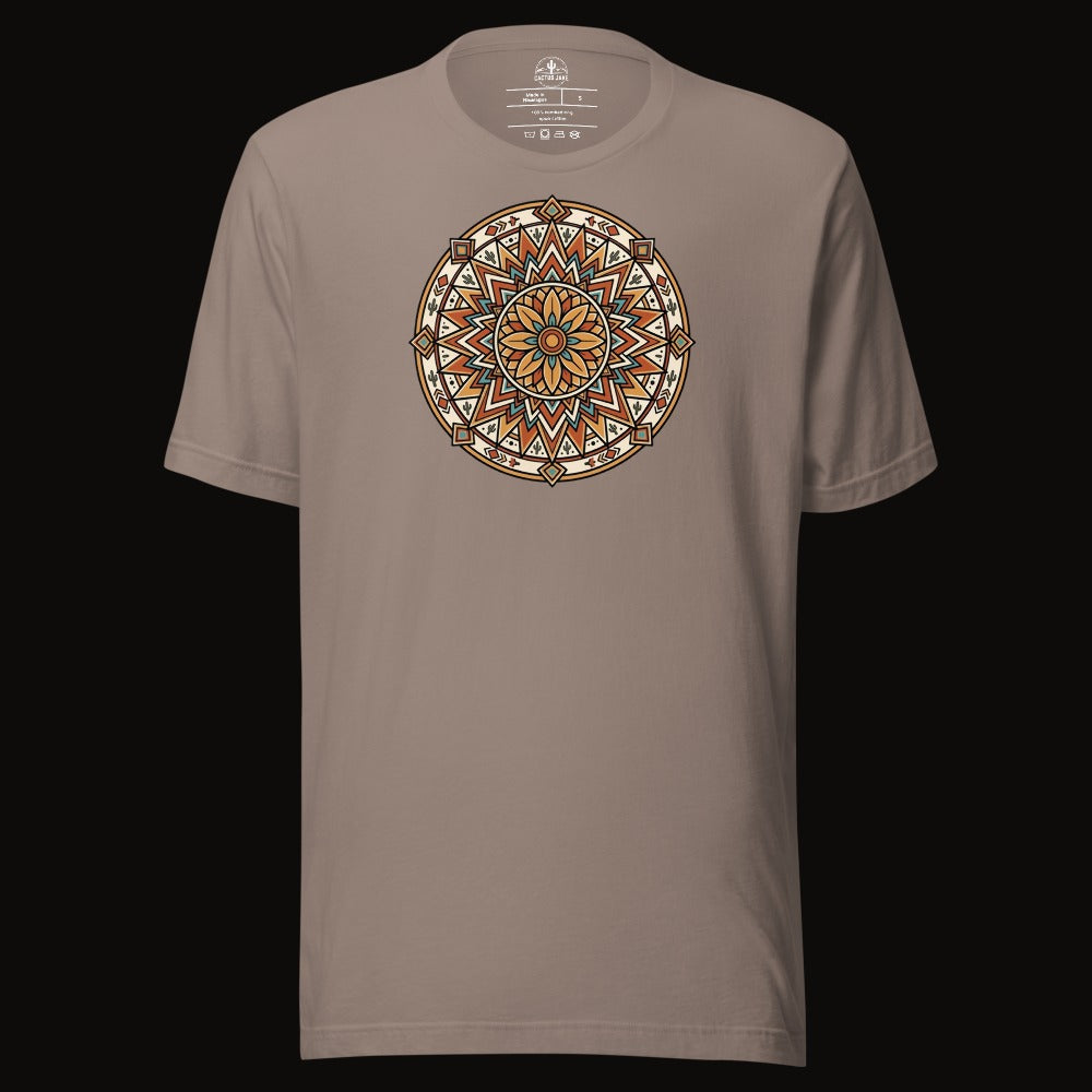 Pebble tee with the Desert Sunburst Mandala graphic