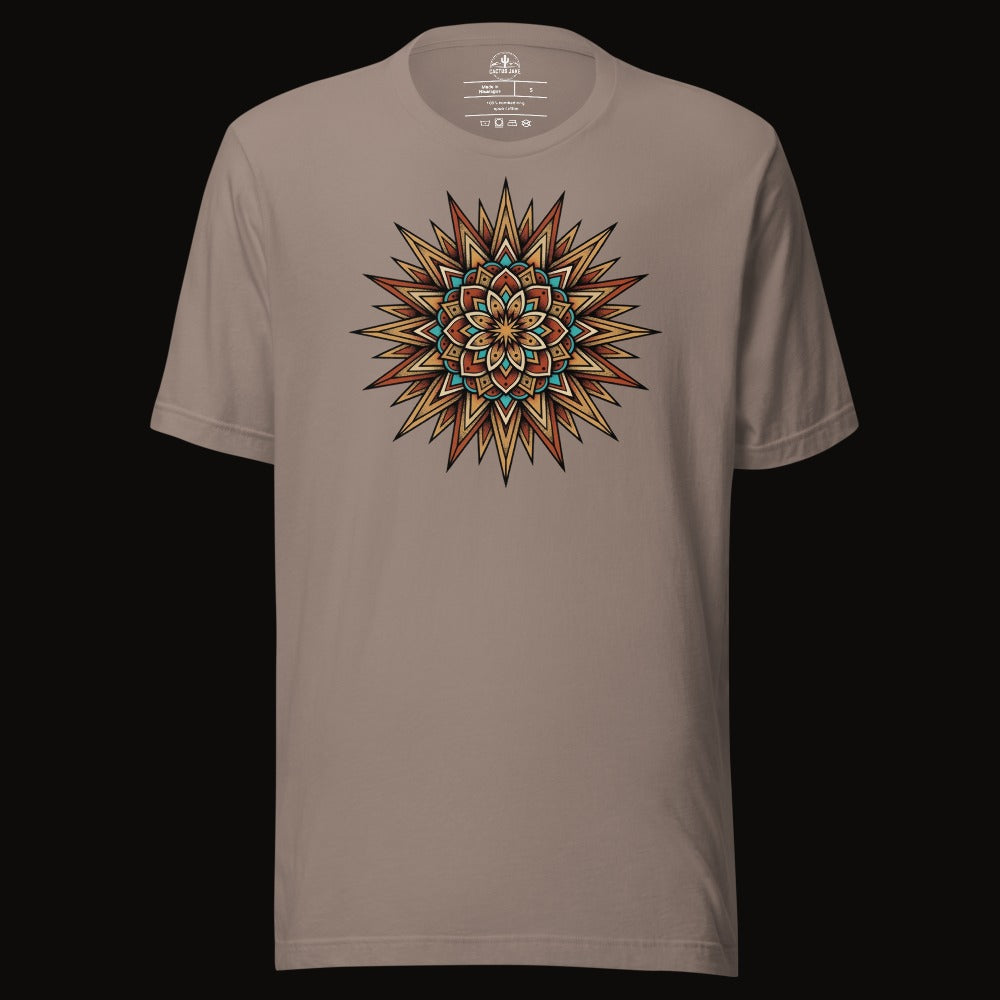 Pebble tee with the Turquoise Burst Mandala graphic