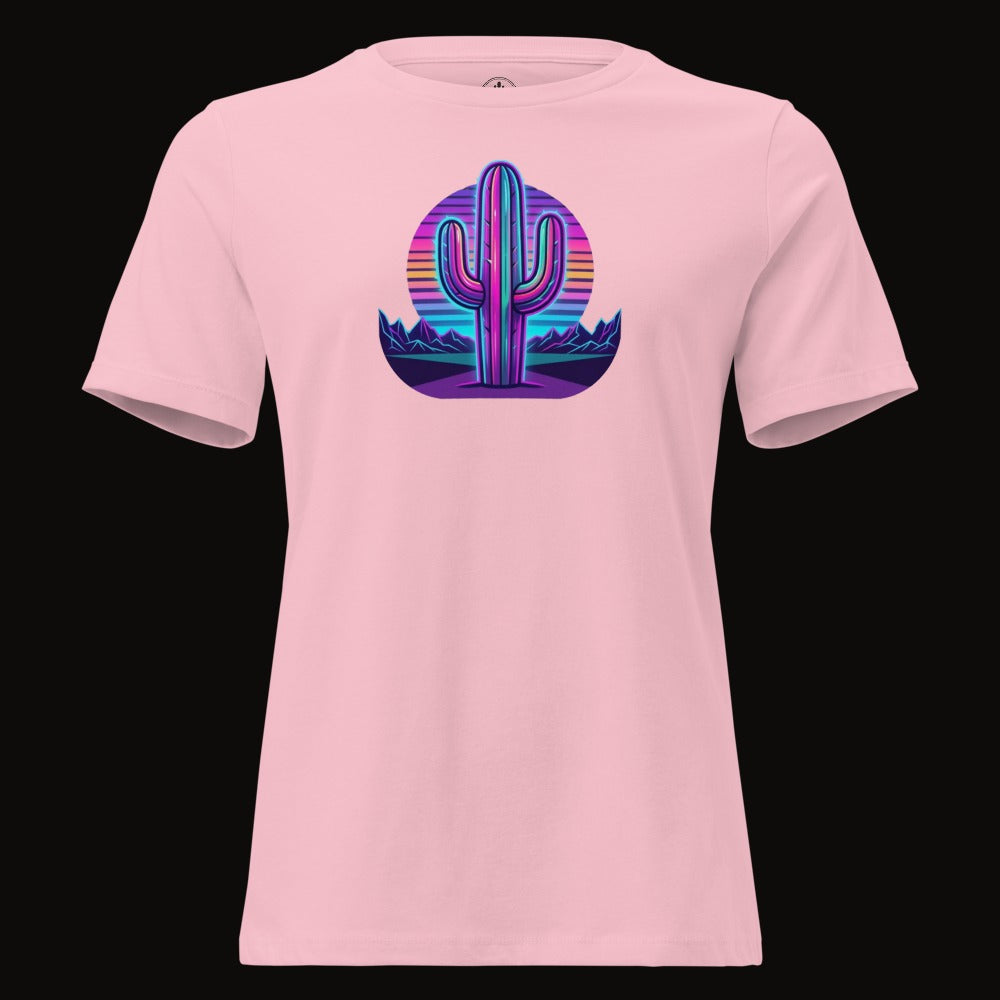 Pink tee with the Neon Saguaro Synthwave graphic