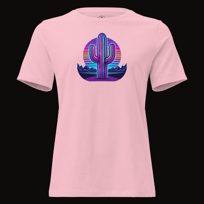 Pink tee with the Neon Saguaro Synthwave graphic