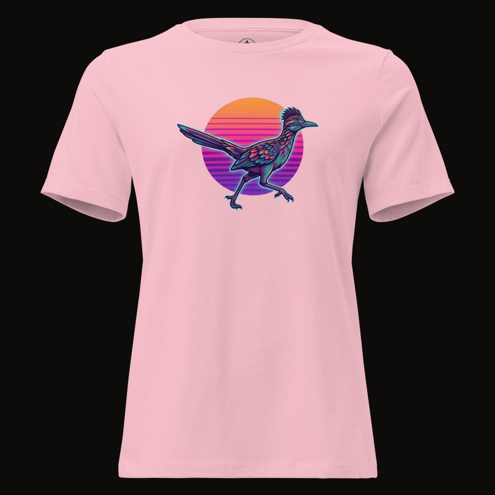 Pink tee with the Synthwave Roadrunner Sunset graphic