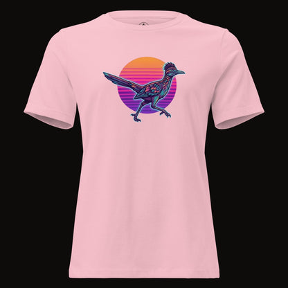 Pink tee with the Synthwave Roadrunner Sunset graphic
