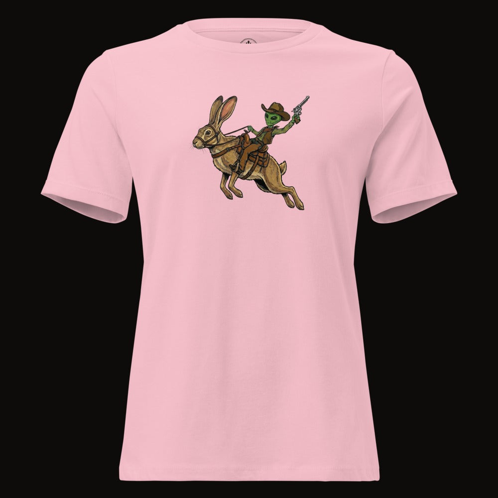 Pink tee with the Alien Cowboy Jack Rabbit graphic