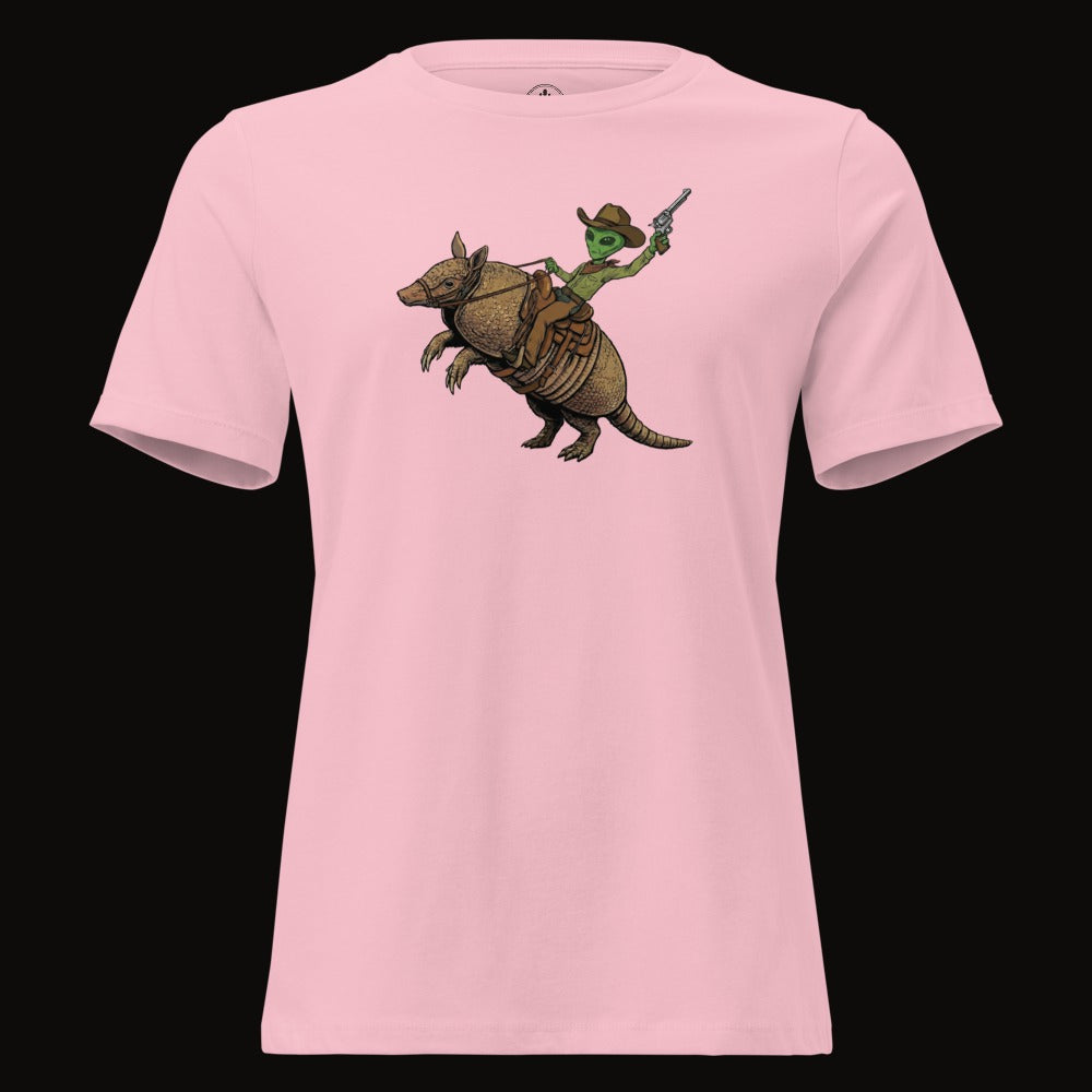 Pink tee with the Alien Cowboy Armadillo Rider graphic