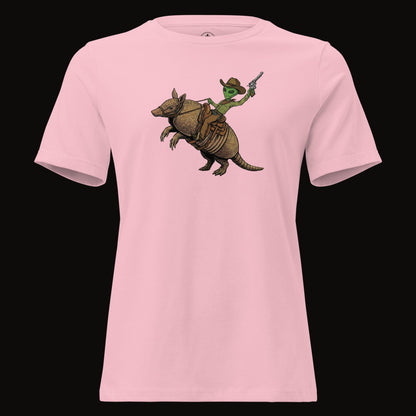 Pink tee with the Alien Cowboy Armadillo Rider graphic