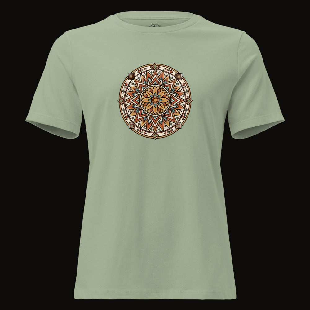 Sage tee with the Desert Bloom Mandala graphic