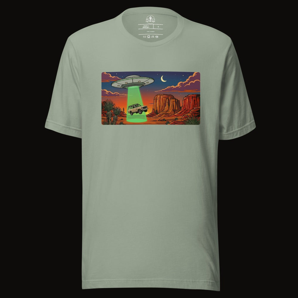 Sage tee with the Desert Abduction Cruiser graphic
