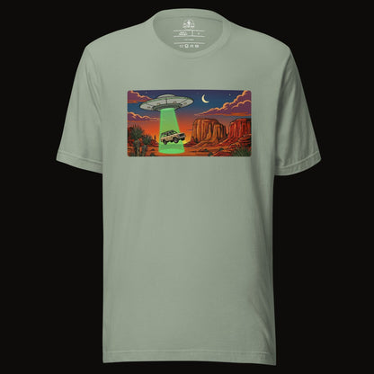 Sage tee with the Desert Abduction Cruiser graphic