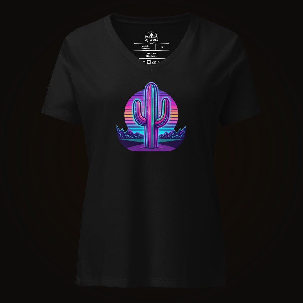Solid Black Blend V-neck tee with the 80S Neon Gradient Saguaro graphic