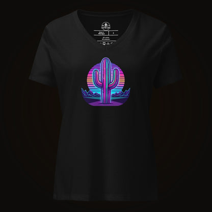 Solid Black Blend V-neck tee with the 80S Neon Gradient Saguaro graphic