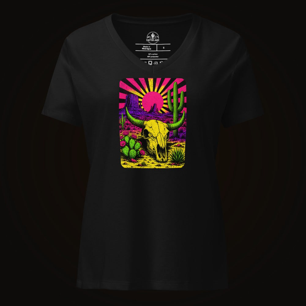 Solid Black Blend V-neck tee with the Neon Blacklight Cow Skull graphic