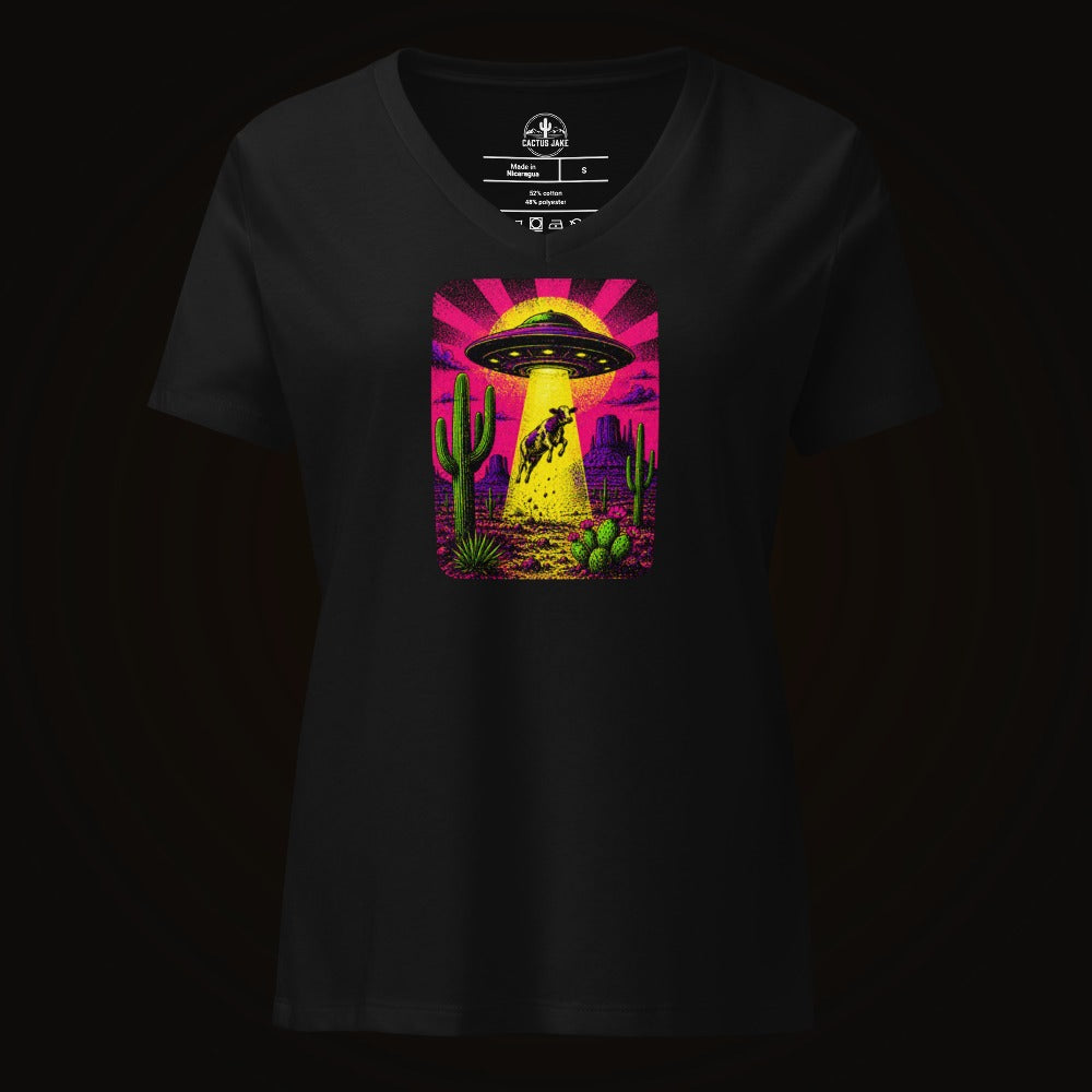 Solid Black Blend V-neck tee with the Neon Cow Abduction graphic