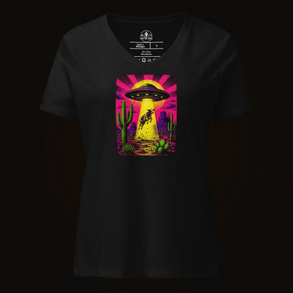 Solid Black Blend V-neck tee with the Neon Cow Abduction graphic