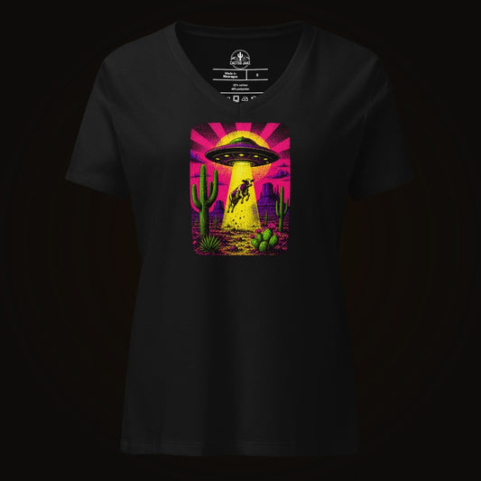 Solid Black Blend V-neck tee with the Neon Cow Abduction graphic