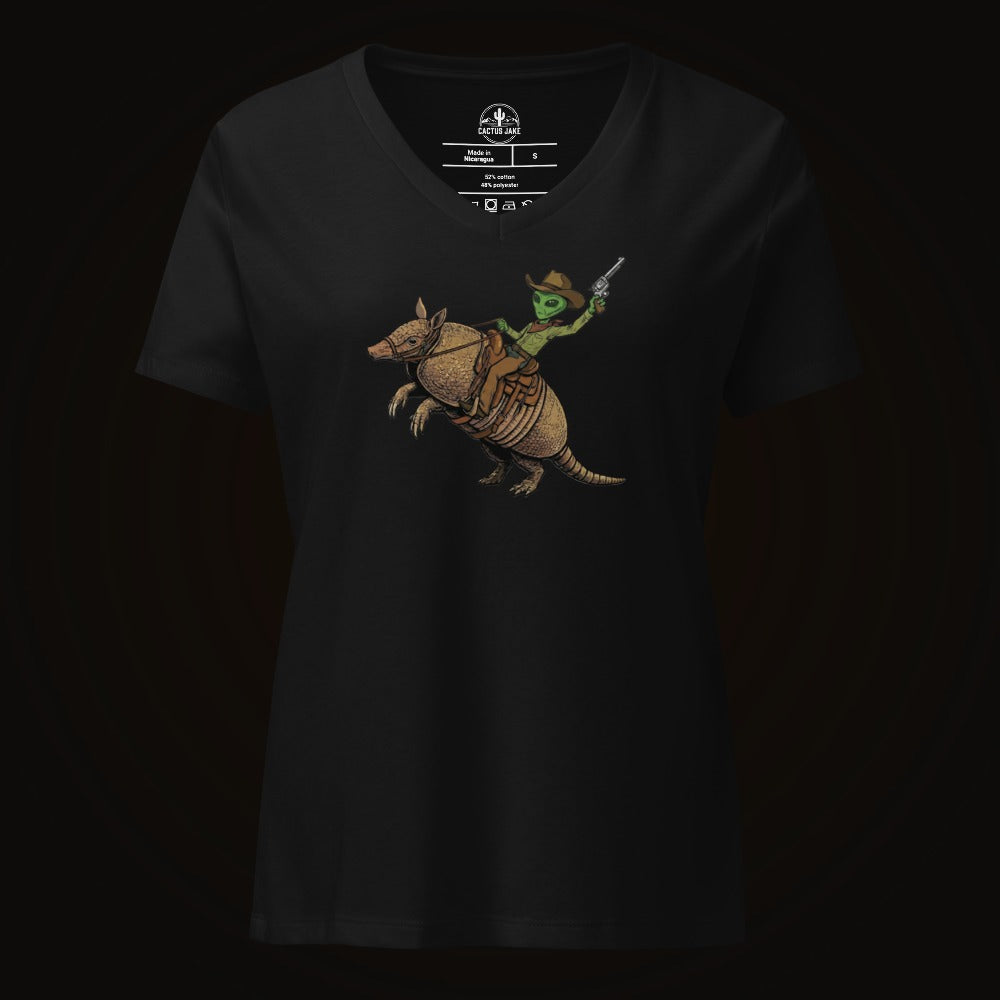 Solid Black Blend V-neck tee with the Alien Cowboy Armadillo Rider graphic