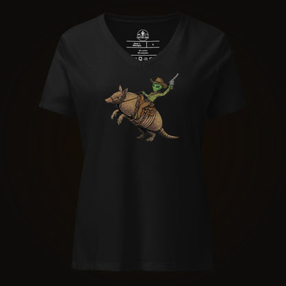 Solid Black Blend V-neck tee with the Alien Cowboy Armadillo Rider graphic