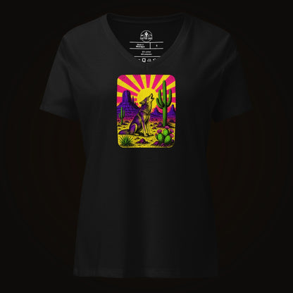 Solid Black Blend V-neck tee with the Neon Sunburst Coyote graphic