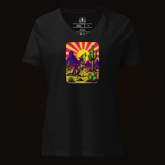 Solid Black Blend V-neck tee with the Neon Sunburst Coyote graphic