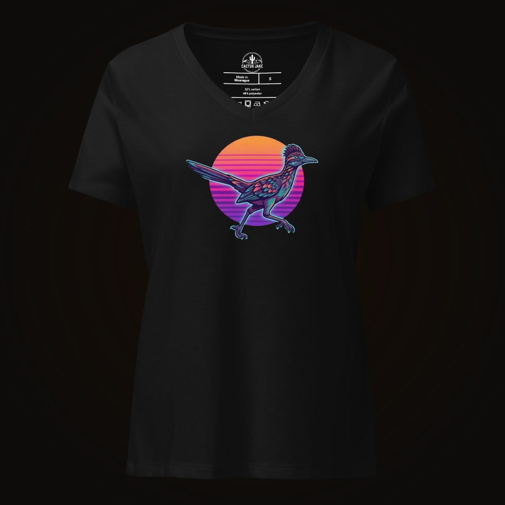 Solid Black Blend V-neck tee with the Synthwave Roadrunner Sunset graphic