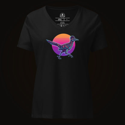 Solid Black Blend V-neck tee with the Synthwave Roadrunner Sunset graphic