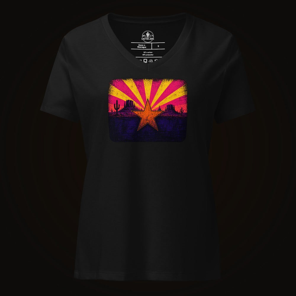 Solid Black Blend V-neck tee with the Neon Arizona Flag Star graphic