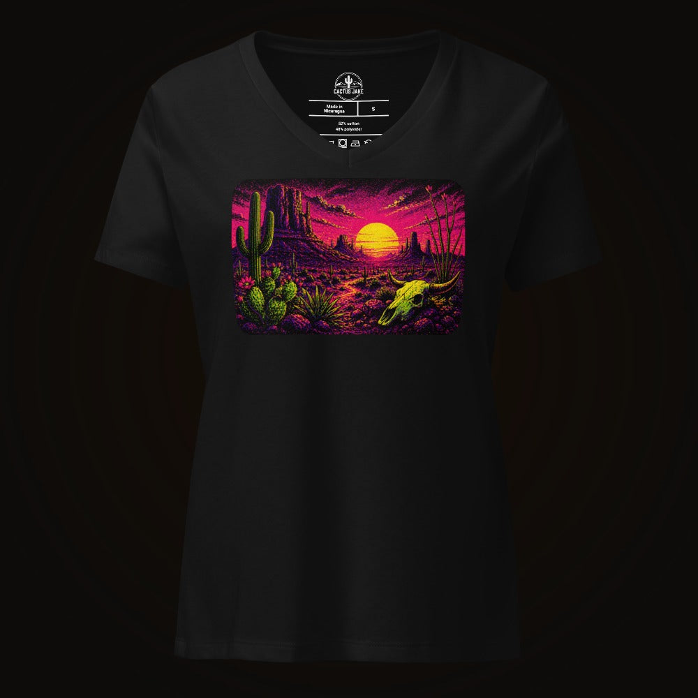Solid Black Blend V-neck tee with the Blacklight Desert Sunset graphic