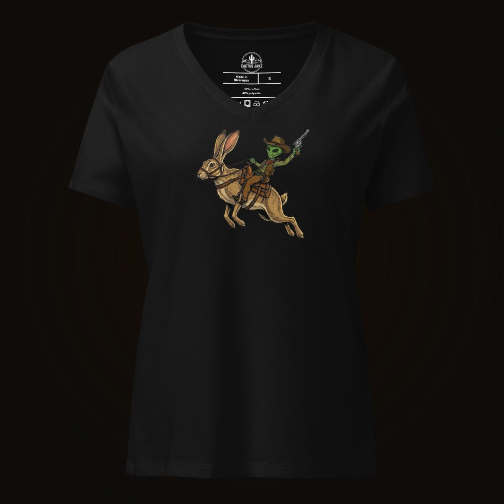 Solid Black Blend V-neck tee with the Alien Cowboy on a Desert Hare graphic