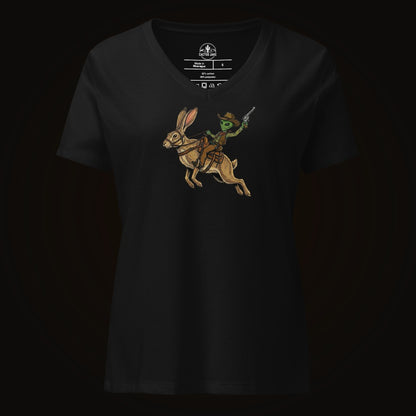 Solid Black Blend V-neck tee with the Alien Cowboy on a Desert Hare graphic