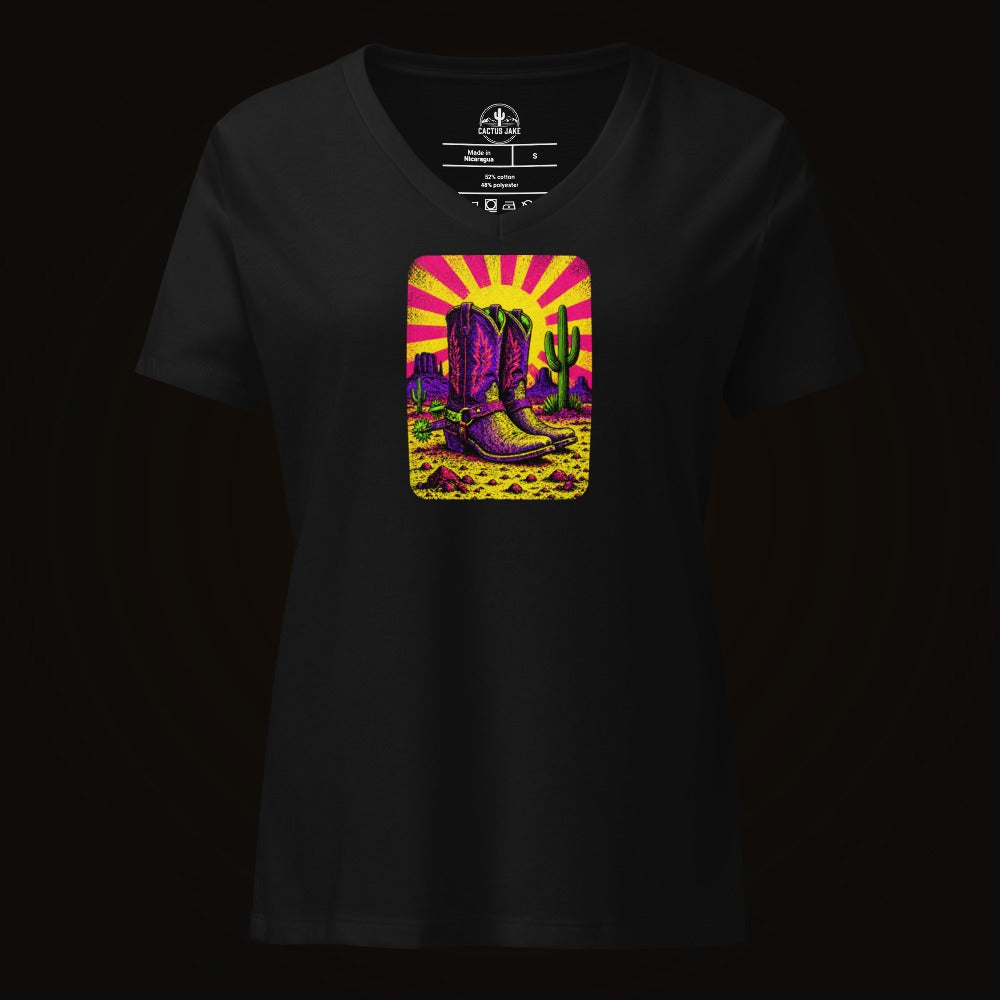 Solid Black Blend V-neck tee with the Neon Burst Cowboy Boots graphic