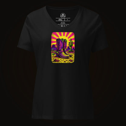 Solid Black Blend V-neck tee with the Neon Burst Cowboy Boots graphic