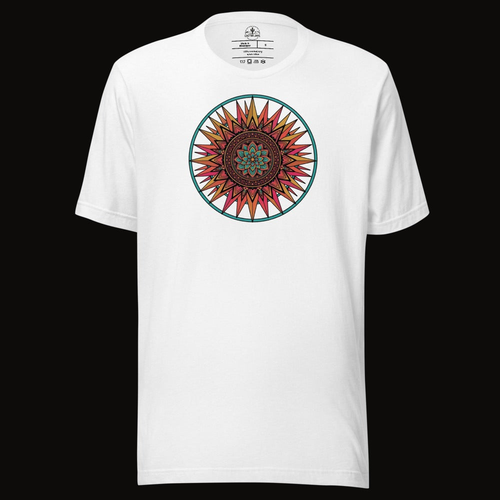 Solid White Blend tee with the Sunset Mandala graphic